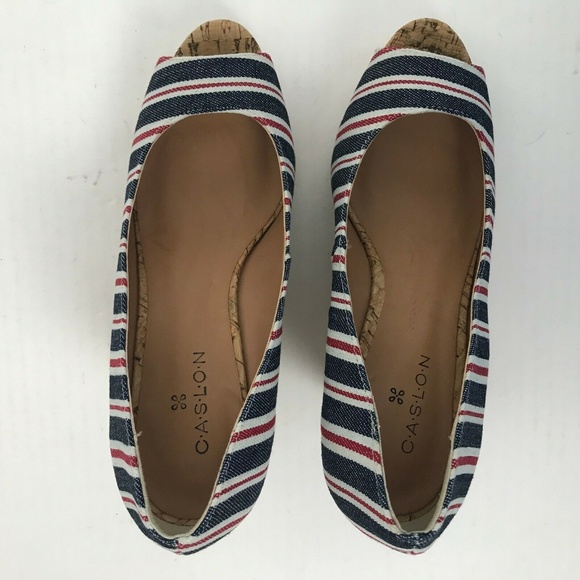 Caslon Red Blue White Peep Toe Cork Wedge Heels - Picture 4 of 7